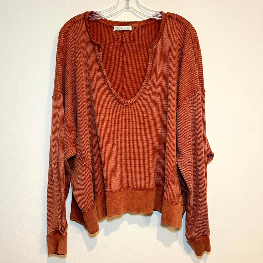 Free People We the Free Shirt Buttercup Thermal Waffle Knit Rust Orange Small